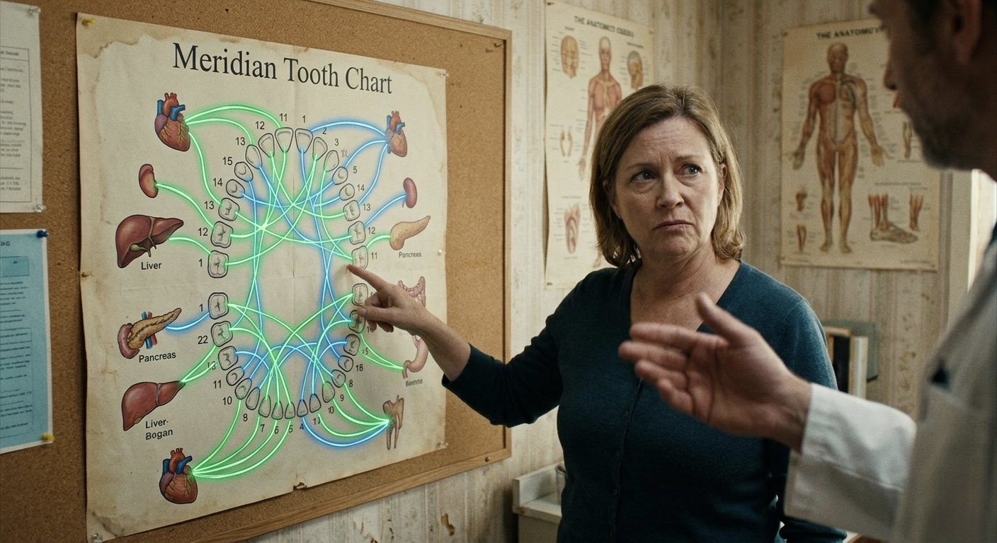 Woman examining meridian tooth chart
